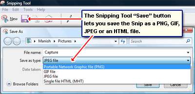 Saving the screenshot in the Snipping Tool - PNG, GIF, JPEG or HTML file
