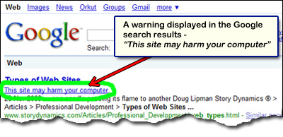 Warning displayed in Google search results - This site may harm your computer