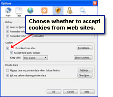 Choose whether to accept or not cookies from web site sin the Firefox web browser