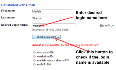 Enter your desired login name for Gmail email address and check its availability