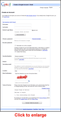 The Create an Account form of Gmail