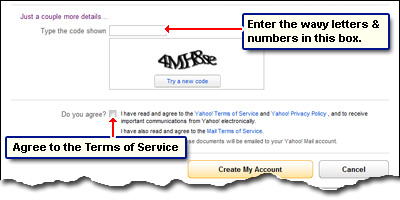 Last few steps in making a Yahoo email address - enter wavy text and numbers and agree to the Terms of Service