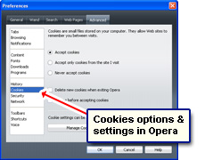 The cookies options and settings of Opera web browser
