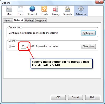 Specify the web browser cache storage size in Firefox program - the default is 50MB