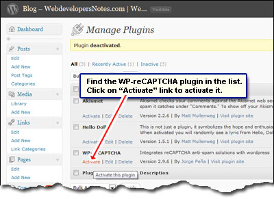 Locate the WordPress reCAPTCHA plugin in the list and click on the Activate link to activate it