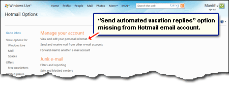 Send automated vacation replies missing from Hotmail (Windows Live) email account
