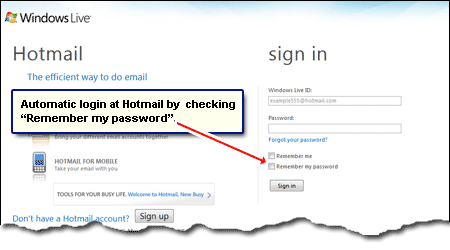 Automatic login at Hotmail email account by checking 'Remember my password'