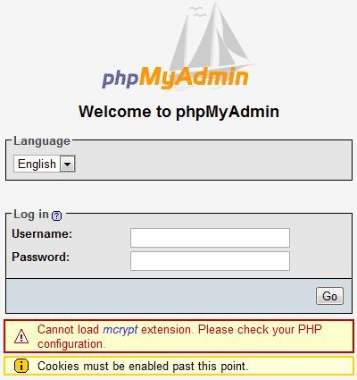 Cannot load mcrypt extension error message in the phpMyAdmin login page