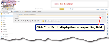 Cc and Bcc fields can be displayed in AOL by clicking their links