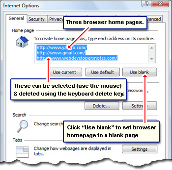 Instructions on how to change the Internet Explorer home page