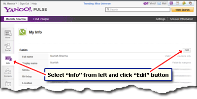 Change the display name on Yahoo via the Yahoo Pulse Info section