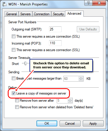 Delete email from webmail server once messages download through Windows Live Mail