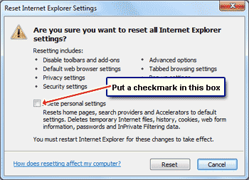Delete all personal settings from Internet Explorer when you are resetting the program