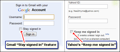 The Stay signed in and Keep me signed in - Remember - features in Gmail and Yahoo! Mail