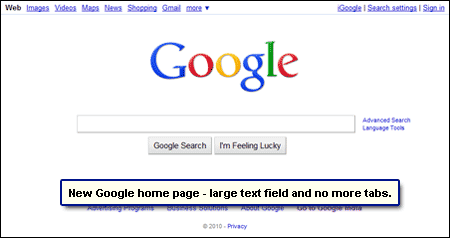 Google home page gas changed - large text field and no tabs