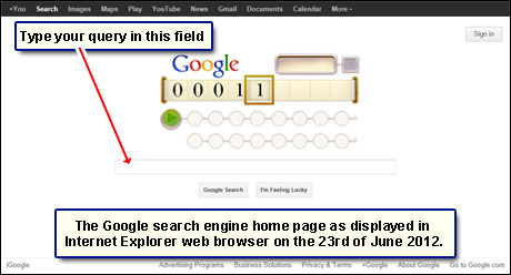 The Google search engine home page as displayed in Internet Explorer web browser on 23rd June 2012