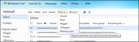 Mark email message as phishing scam in Hotmail