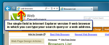 Internet Explorer 9 search field - uses the Bing search engine by default