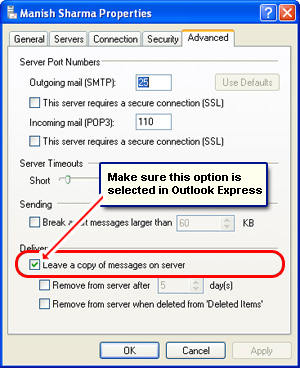 Leave email message copy on the server - Outlook Express option