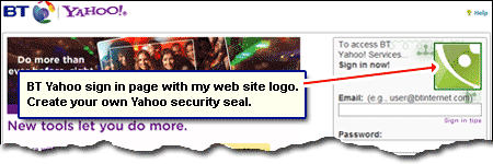 A personalized BTInternet Yahoo login age with my web site logo
