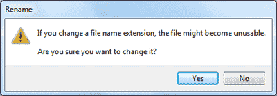 Warning message displayed when you change the file extension in  Windows 7 operating system