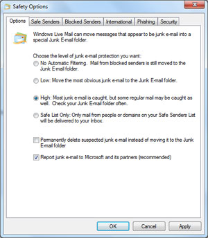 Safety options of Windows Live Mail email client especially the automated email filter