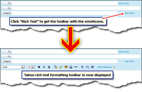 Yahoo! email rich text formatting toolbar with emoticons