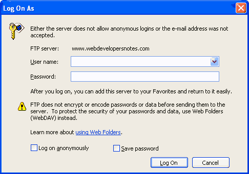 Login window asking for FTP username and password when using Internet Explorer as an FTP client