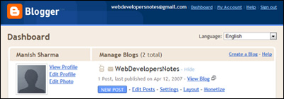 The Blogger dashboard page - start on your first blog post