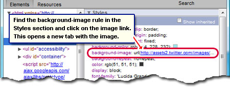 Find the background-image rule in the styles section in the element Inspection window of Google Chrome and click on the URL of the image to load it in a new tab