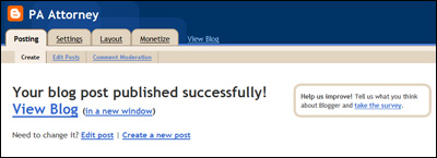 Your post has now been published - Blogger confirmation message