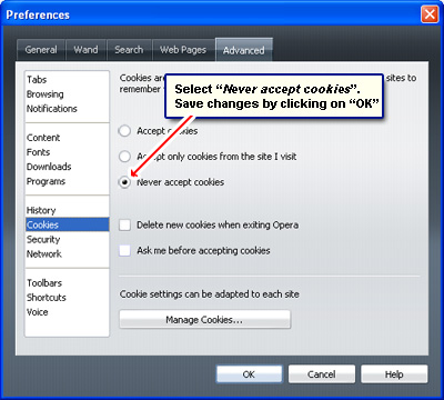 Cookies settings and options in Opera web browser