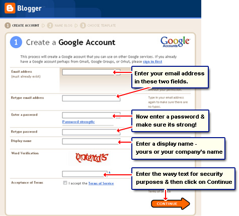 Steps to create a Google account through Blogger