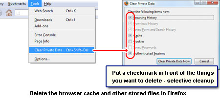 How to delete cookies and the web browser cache in Firefox