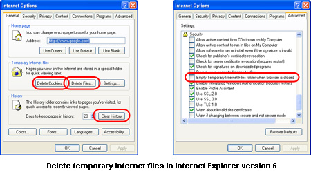 How to delete the temporary internet files in Internet Explorer version 6
