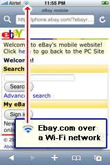 The ebay.com web site loaded on the iPhone Safari browser using a Wi-Fi internet connection