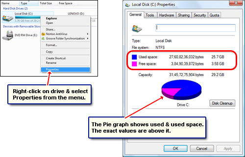 The exact disk space used by the drive on Windows Vista computer