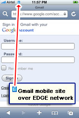 The Gmail mobile web site on iPhone's Safari browser accessed via EDGE network