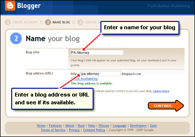 Enter a name for your blog and its URL - web site address