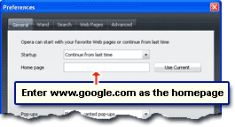 Set the homepage in Opera web browser