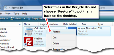 Restore the deleted or lost icons back to the desktop from the Recycle Bin