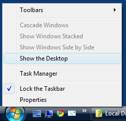klepněte pravým tlačítkem myši na hlavní panel systému Windows a vyberte Zobrazit plochu pro zobrazení plochy v počítači