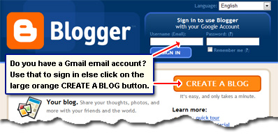 Sign in at Blogger using your Google account username and password or create a new account