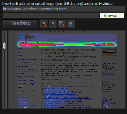 Heatmap of WebDevelopersNotes homepage generated by Feng-GUI