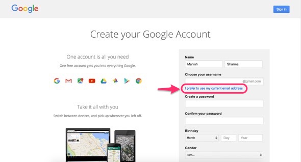 Use an existing email address to create a Google account