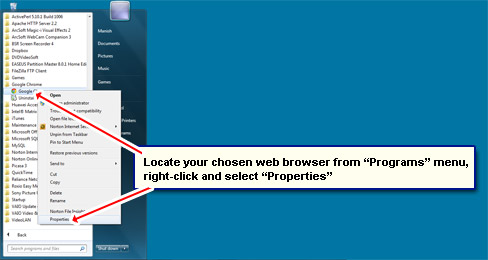 Locate chosen web browser, right-click and load Properties