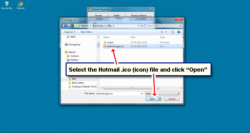 Select the Hotmail icon (.ico) file