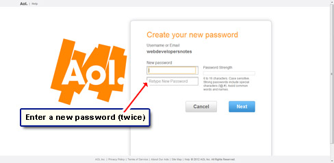 Enter a new password for the AOL email account