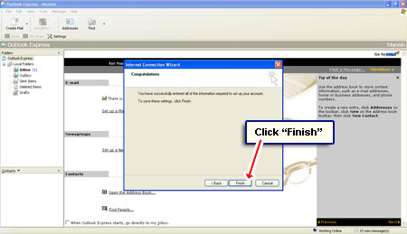 Click Finish to have the Bigpond email account configured in Outlook Express