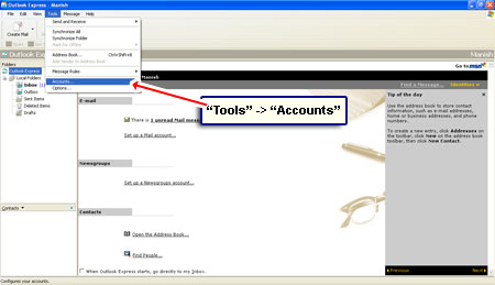 Open Outlook Express Accounts from Tools menu